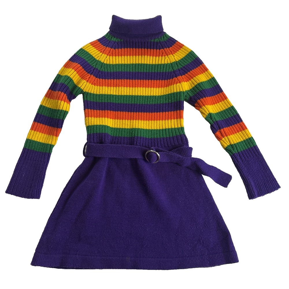 VTG Alyssa Girls Size 10 Rainbow Stripe Sweater Dress Belted Turtleneck 80s